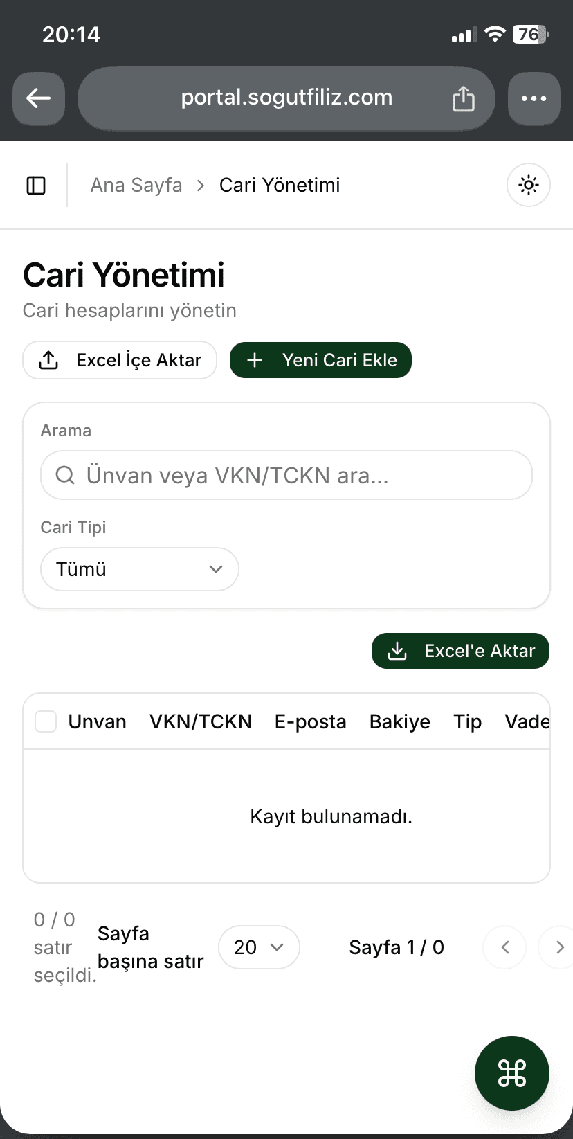 Filiz cari yönetimi ekranının telefondaki görünümü