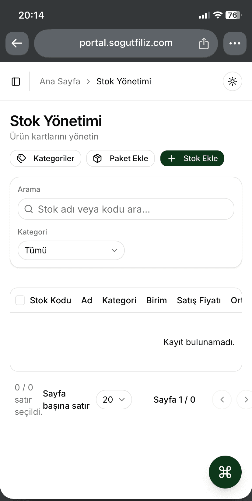 Filiz stok yönetimi ekranının telefondaki görünümü